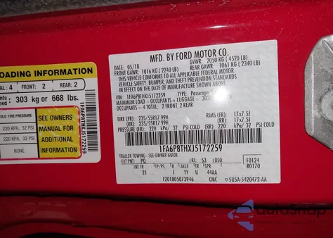 2018 Ford Mustang Ecoboost z USA, uszkodzony, nr VIN 1FA6P8THXJ5172259